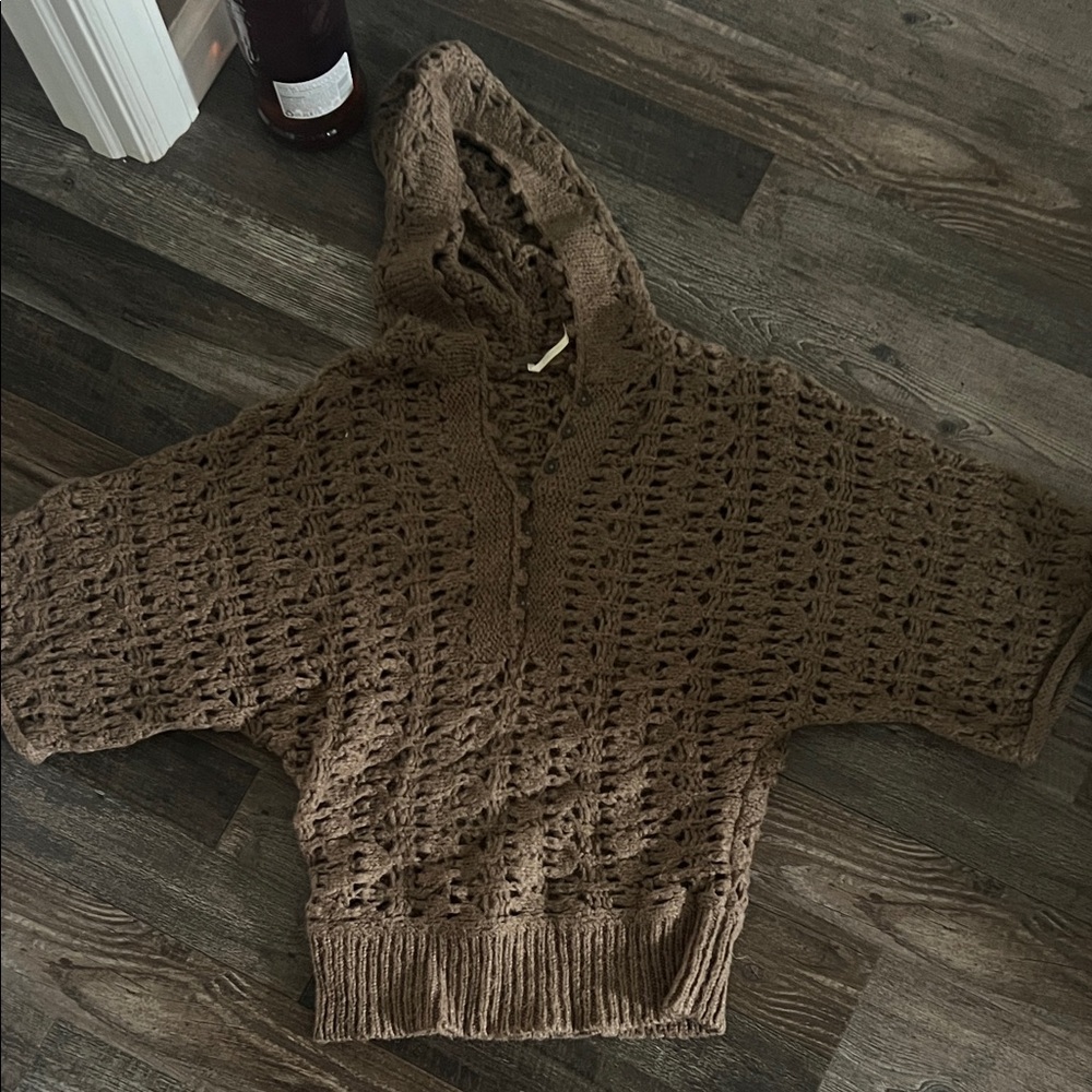 Free People Tan V-Neck Hooded Sweater